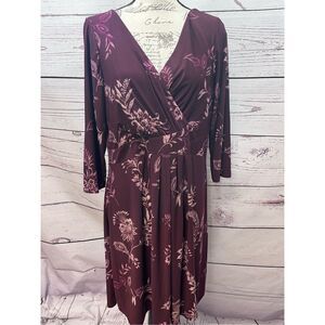 Chaps Womens Burgundy Floral‎ Print Faux Wrap Midi Dress XL TG EG
